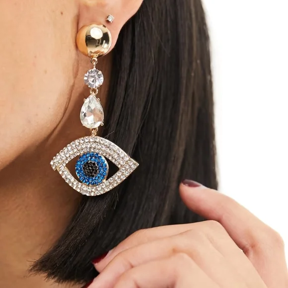 Aldo Gold Hamsa & Eye Drop Earrings with Blue Crystals Comes W Accessory Pouch - Picture 3 of 6